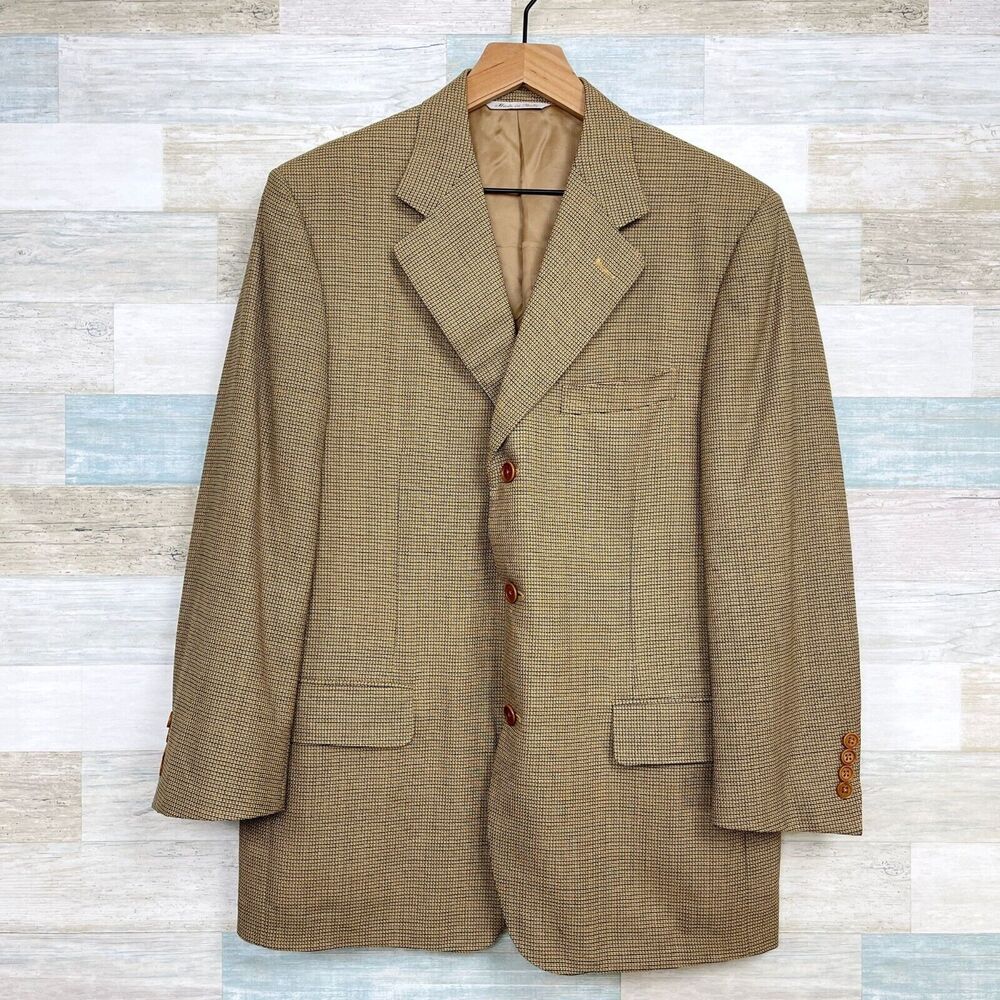 Canali Wool Micro Plaid Sport Coat Tan Blue 3 Button Italy Mens 40R (50 EUR)